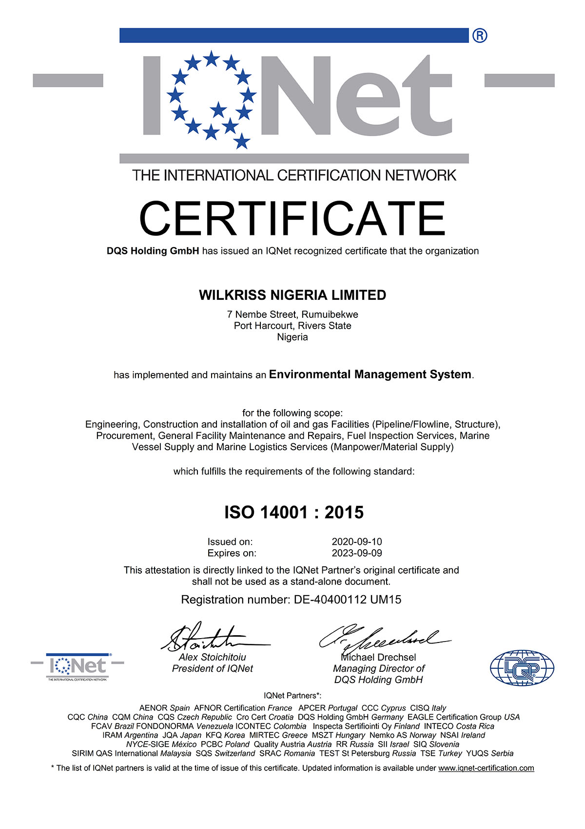 ISO 14001 certificate